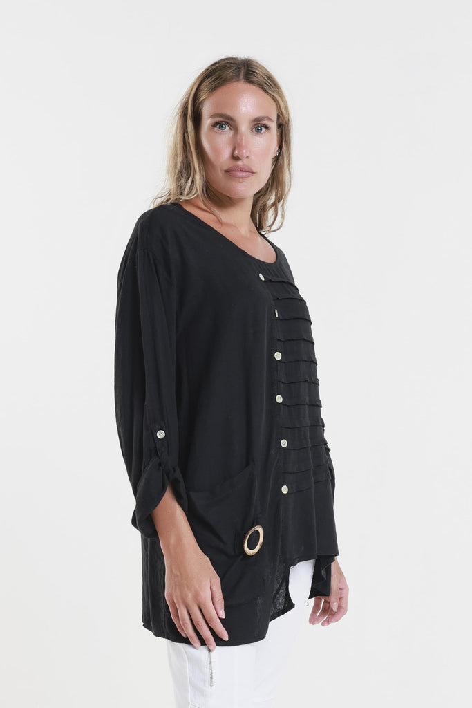BQ181 001 Black Charlene 3/4 Slv Pleated One Side Top