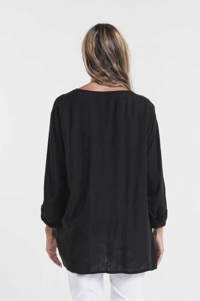 BQ181 001 Black Charlene 3/4 Slv Pleated One Side Top