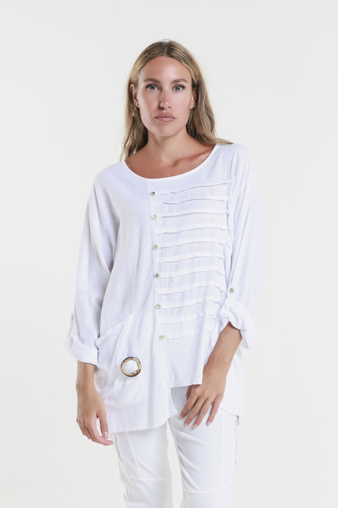 BQ181 100 White Charlene 3/4 Slv Pleated One Side Top