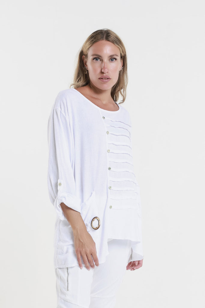 BQ181 100 White Charlene 3/4 Slv Pleated One Side Top