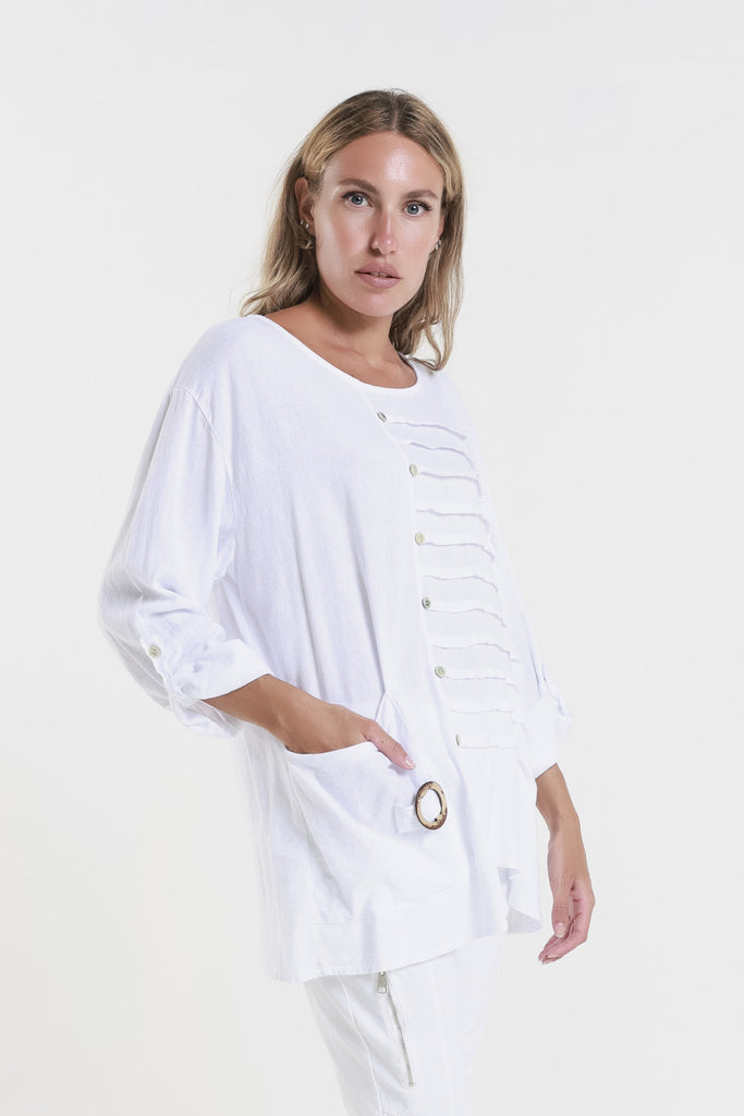 BQ181 100 White Charlene 3/4 Slv Pleated One Side Top