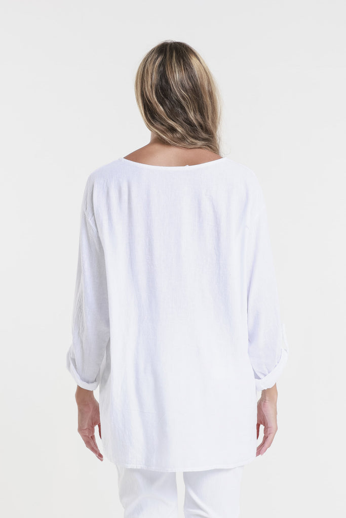 BQ181 100 White Charlene 3/4 Slv Pleated One Side Top