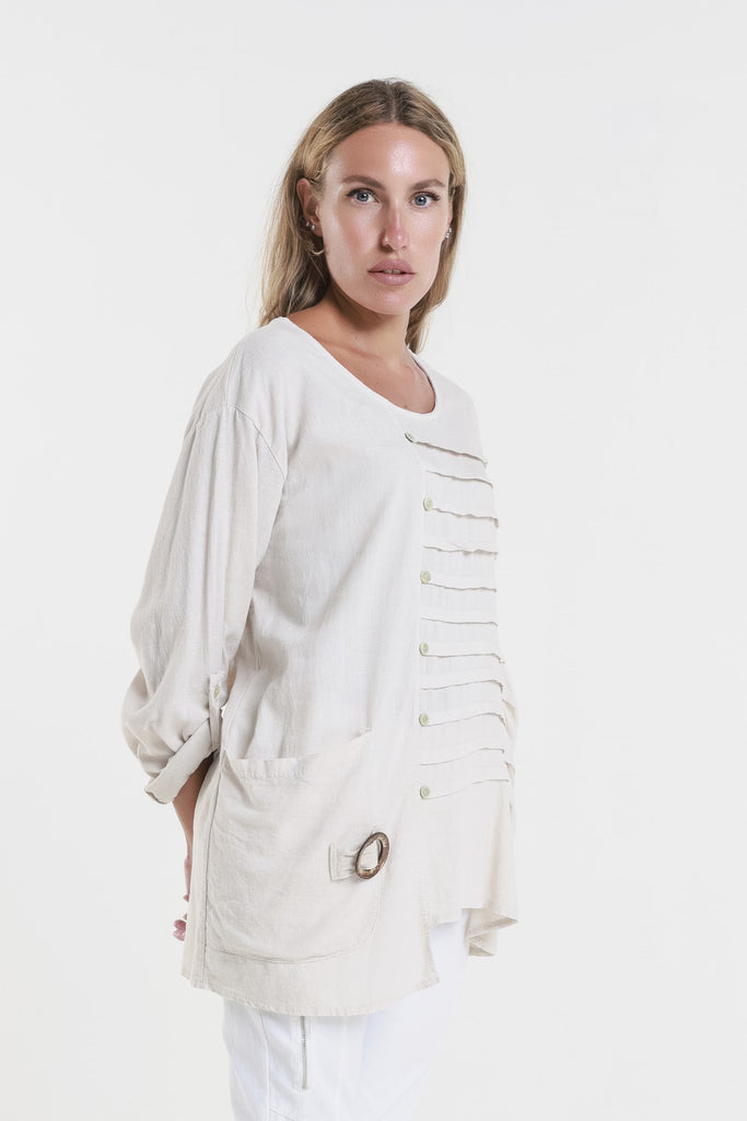 BQ181 250 Beige Charlene 3/4 Slv Pleated One Side Top
