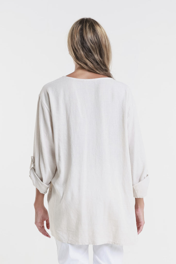 BQ181 250 Beige Charlene 3/4 Slv Pleated One Side Top
