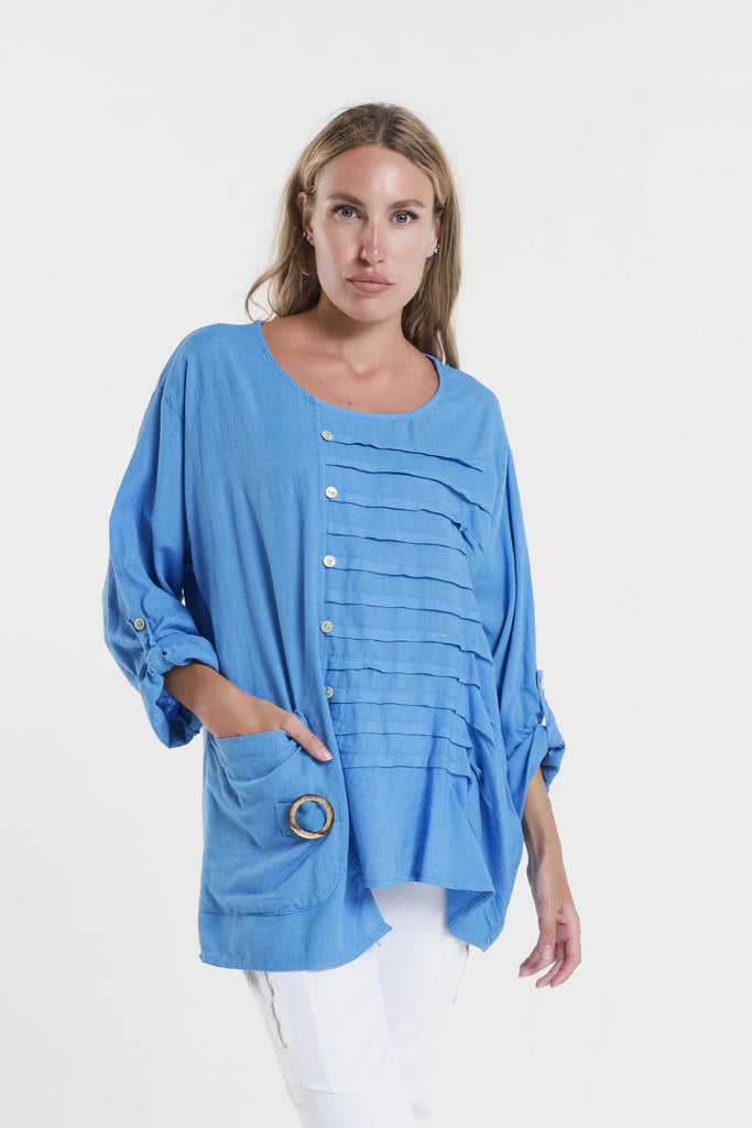 BQ181 408 Regatta Blue Charlene 3/4 Slv Pleated One Side Top