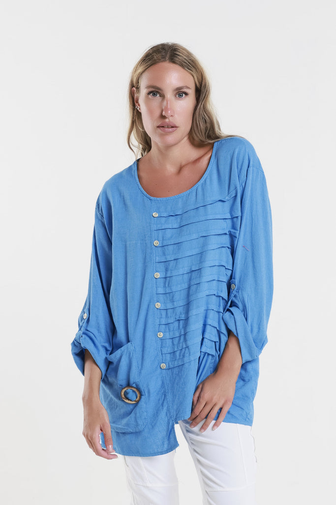 BQ181 408 Regatta Blue Charlene 3/4 Slv Pleated One Side Top