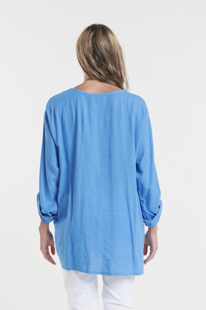 BQ181 408 Regatta Blue Charlene 3/4 Slv Pleated One Side Top