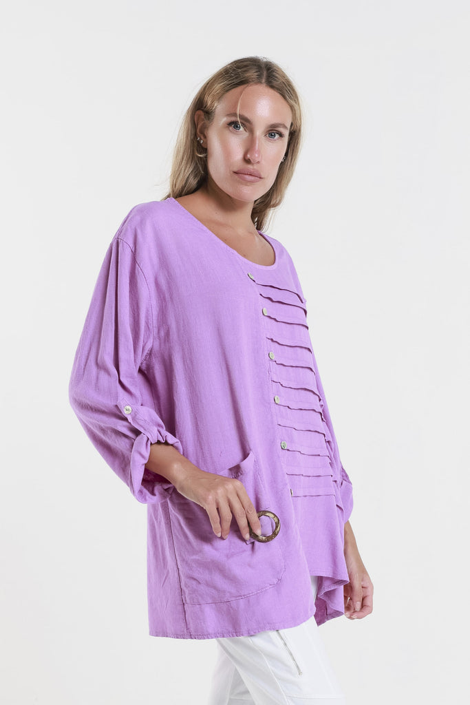 BQ181 512 Lavender Charlene 3/4 Slv Pleated One Side Top