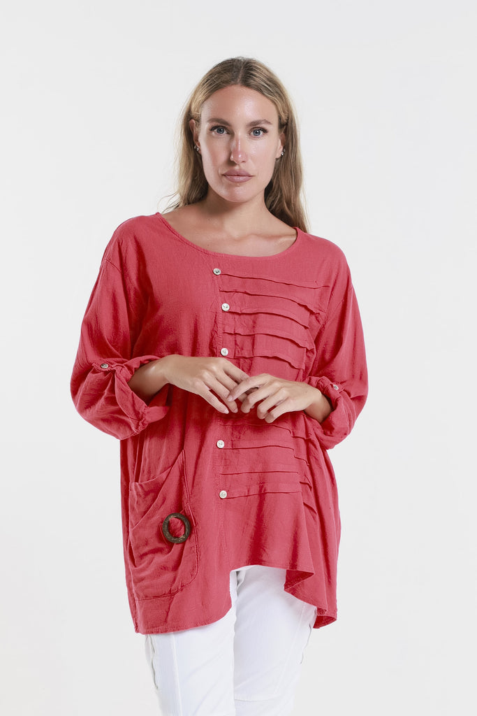 BQ181 600 Red Charlene 3/4 Slv Pleated One Side Top