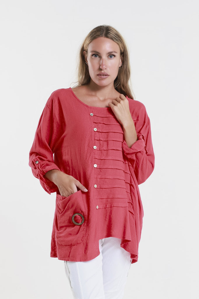 BQ181 600 Red Charlene 3/4 Slv Pleated One Side Top