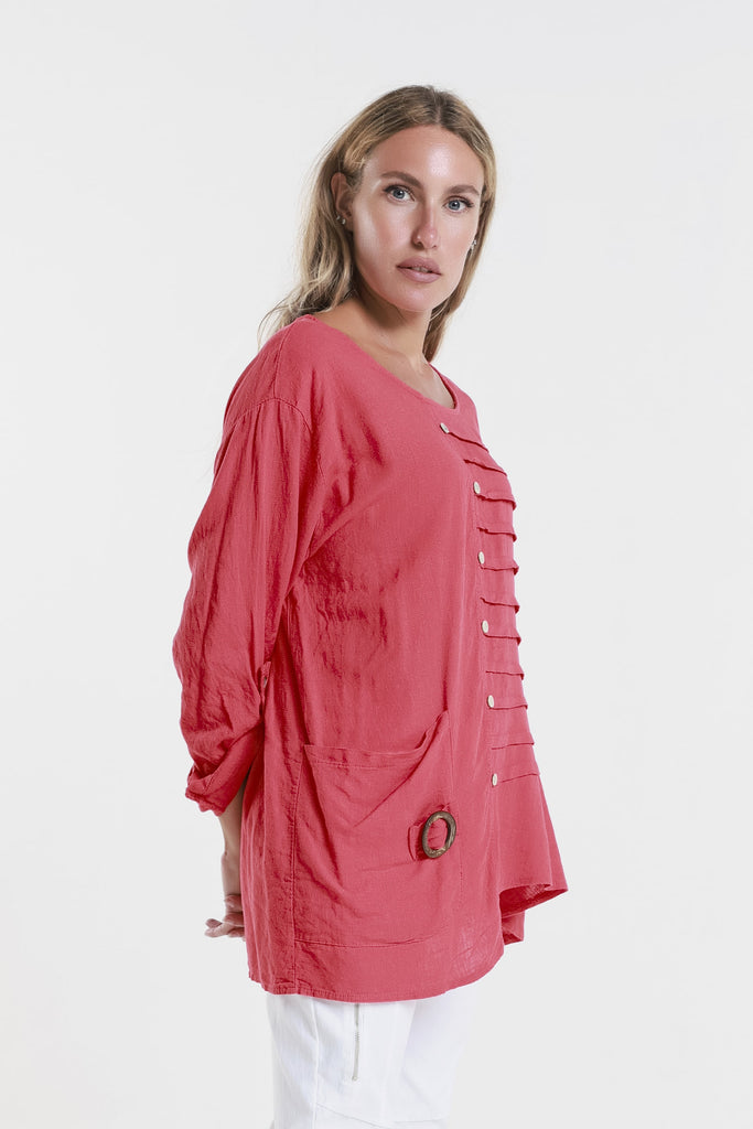 BQ181 600 Red Charlene 3/4 Slv Pleated One Side Top