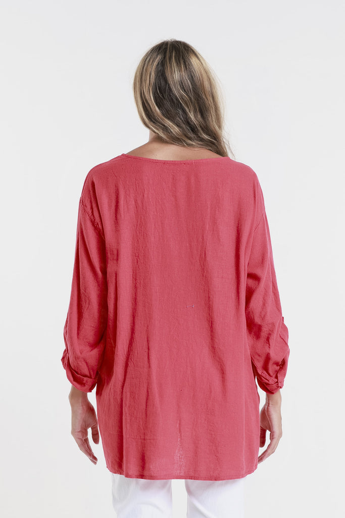 BQ181 600 Red Charlene 3/4 Slv Pleated One Side Top