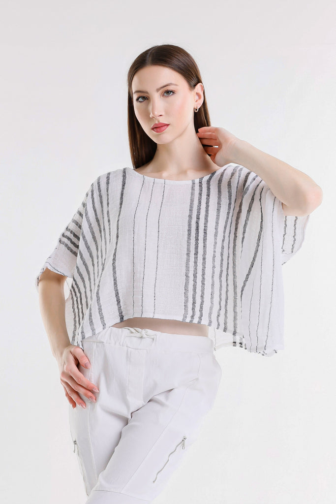 BQ186 100C White w/Charcoal Stripe Tabitha Speciality Linen Striped Kimono Slv Top