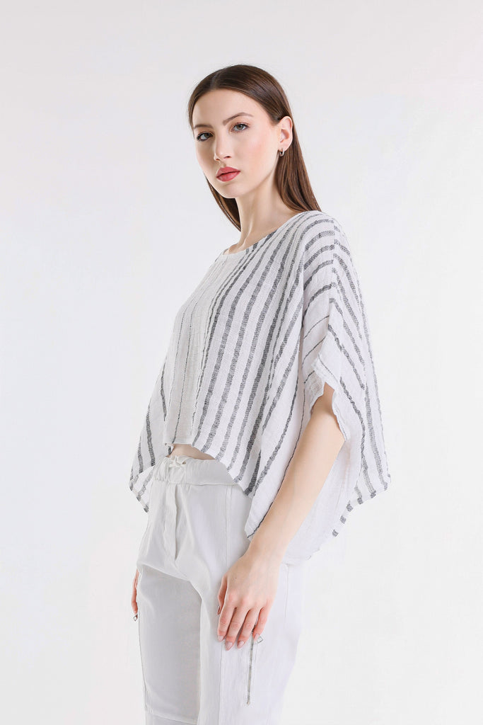 BQ186 100C White w/Charcoal Stripe Tabitha Speciality Linen Striped Kimono Slv Top