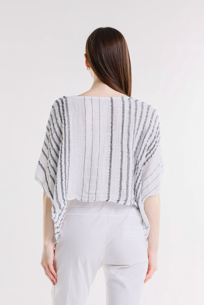 BQ186 100C White w/Charcoal Stripe Tabitha Speciality Linen Striped Kimono Slv Top