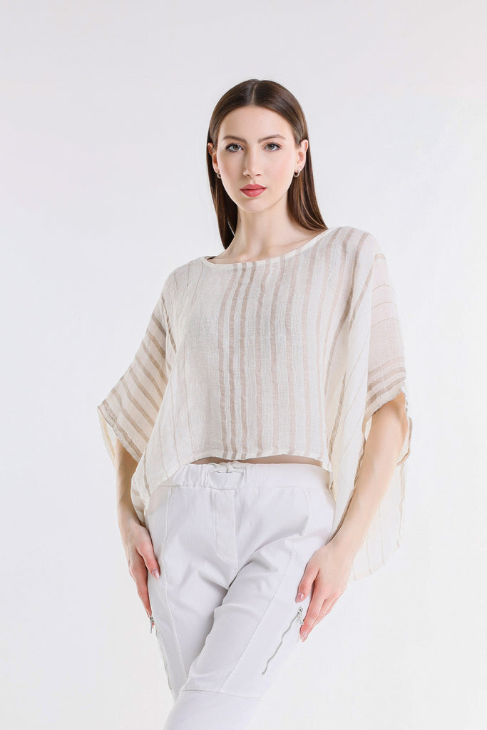 BQ186 109B Natural w/Beige Stripe Tabitha Speciality Linen Striped Kimono Slv Top