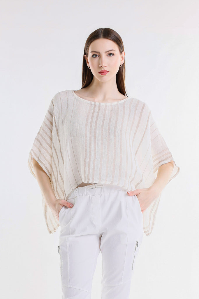 BQ186 109B Natural w/Beige Stripe Tabitha Speciality Linen Striped Kimono Slv Top