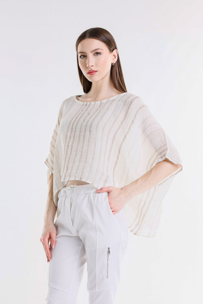BQ186 109B Natural w/Beige Stripe Tabitha Speciality Linen Striped Kimono Slv Top