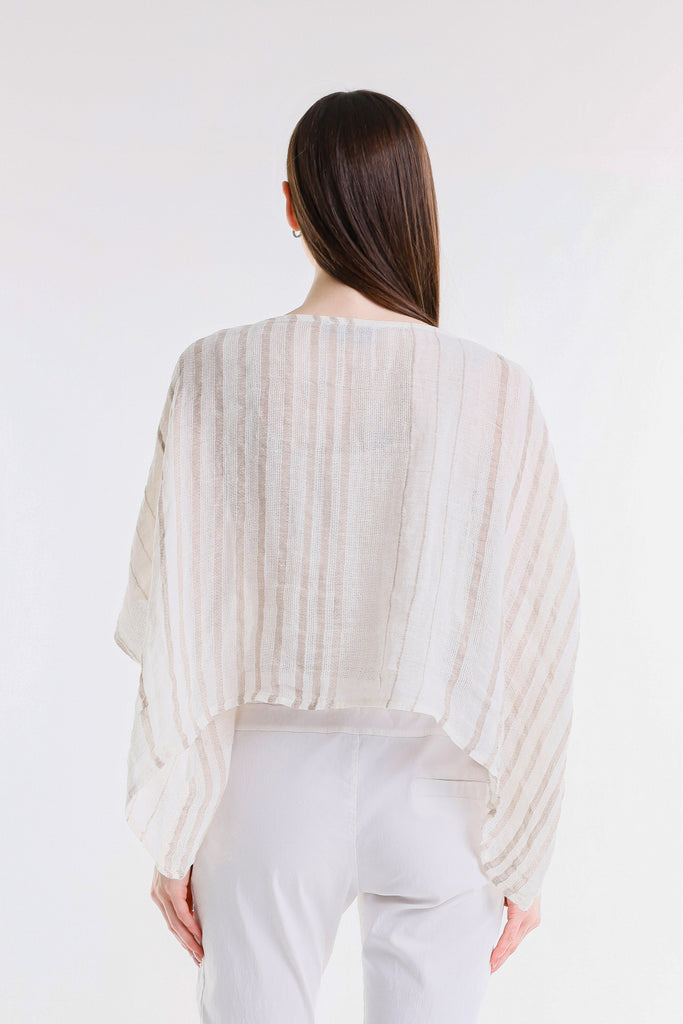 BQ186 109B Natural w/Beige Stripe Tabitha Speciality Linen Striped Kimono Slv Top