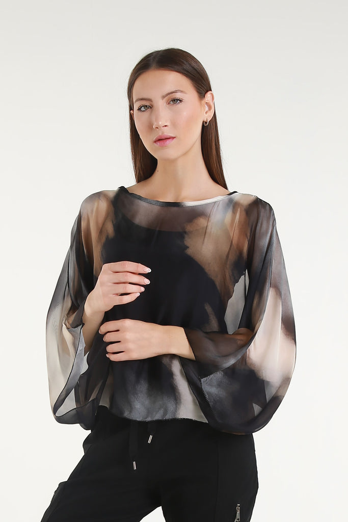BQ200A 001 Black Abstract Sofita 3/4 Sleeve Cropped Silk Kaftan