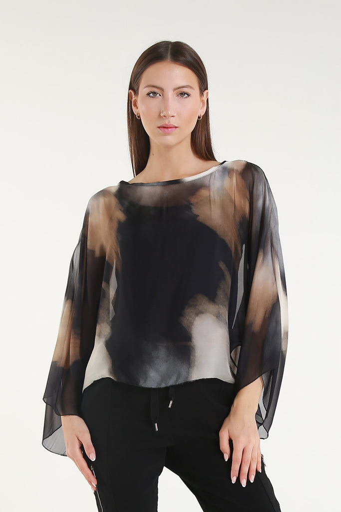 BQ200A 001 Black Abstract Sofita 3/4 Sleeve Cropped Silk Kaftan