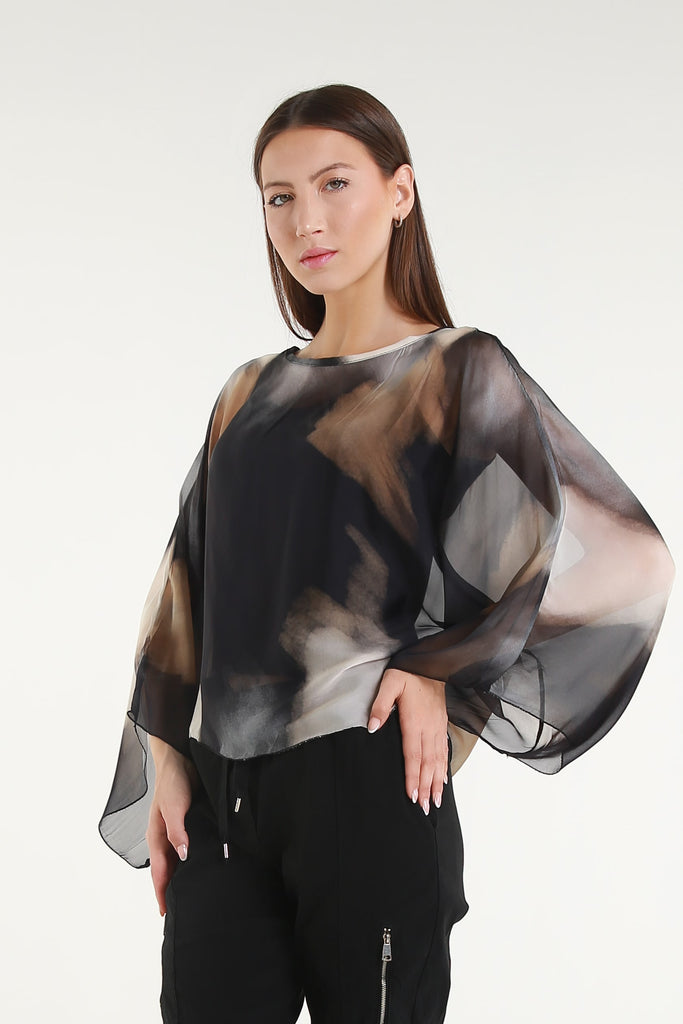 BQ200A 001 Black Abstract Sofita 3/4 Sleeve Cropped Silk Kaftan