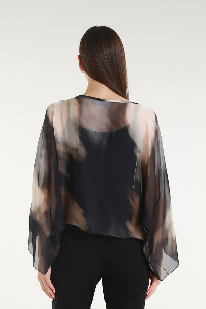 BQ200A 001 Black Abstract Sofita 3/4 Sleeve Cropped Silk Kaftan