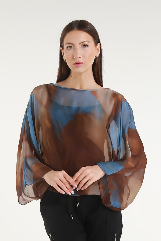 BQ200A 202 Espresso Abstract Sofita 3/4 Sleeve Cropped Silk Kaftan