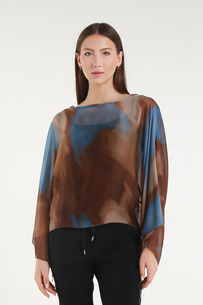 BQ200A 202 Espresso Abstract Sofita 3/4 Sleeve Cropped Silk Kaftan