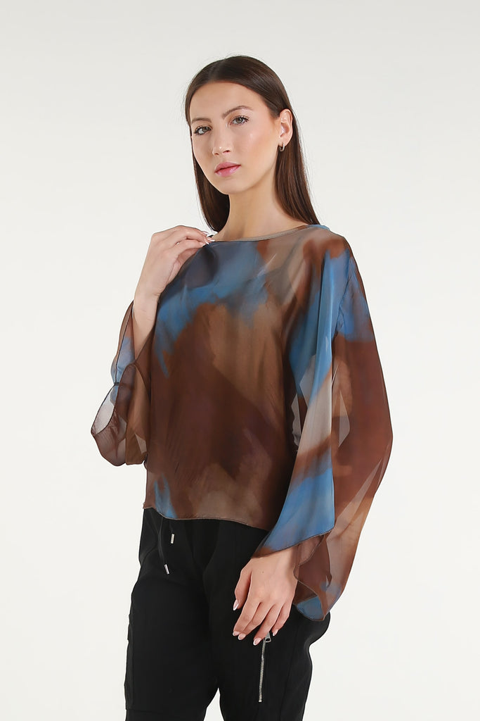 BQ200A 202 Espresso Abstract Sofita 3/4 Sleeve Cropped Silk Kaftan