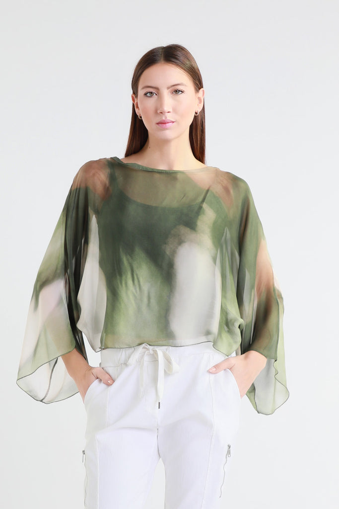 BQ200A 303 Army Abstract Sofita 3/4 Sleeve Cropped Silk Kaftan
