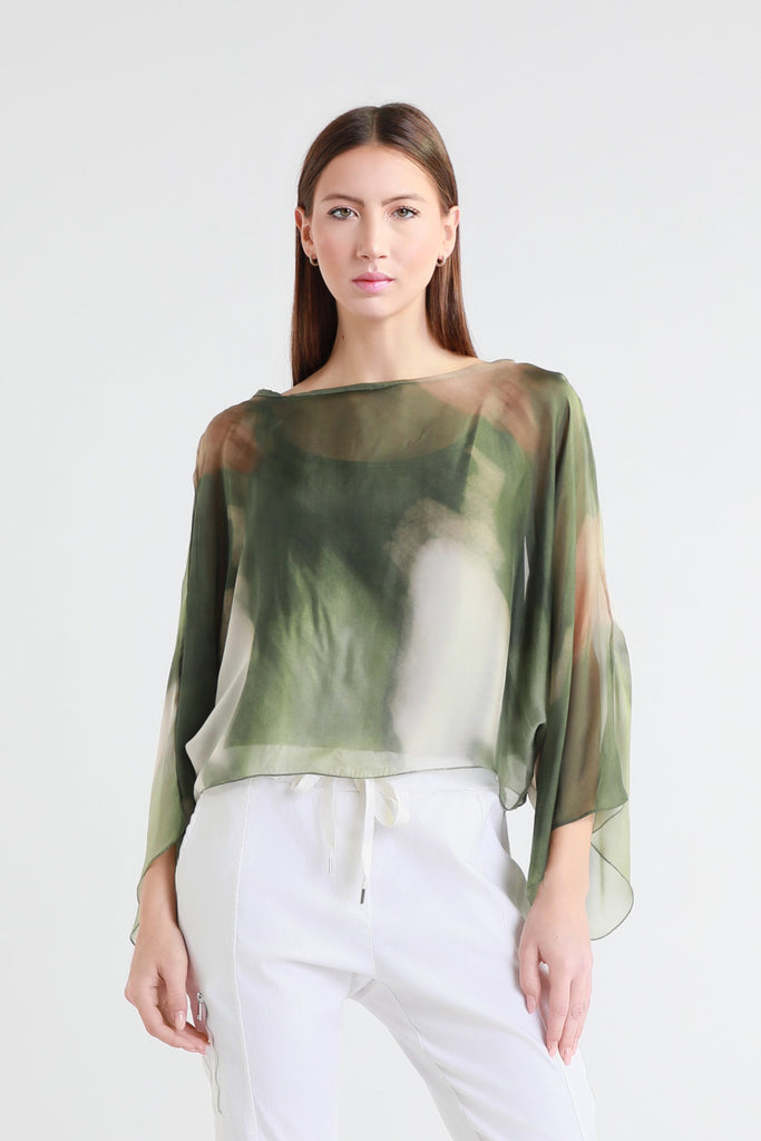BQ200A 303 Army Abstract Sofita 3/4 Sleeve Cropped Silk Kaftan
