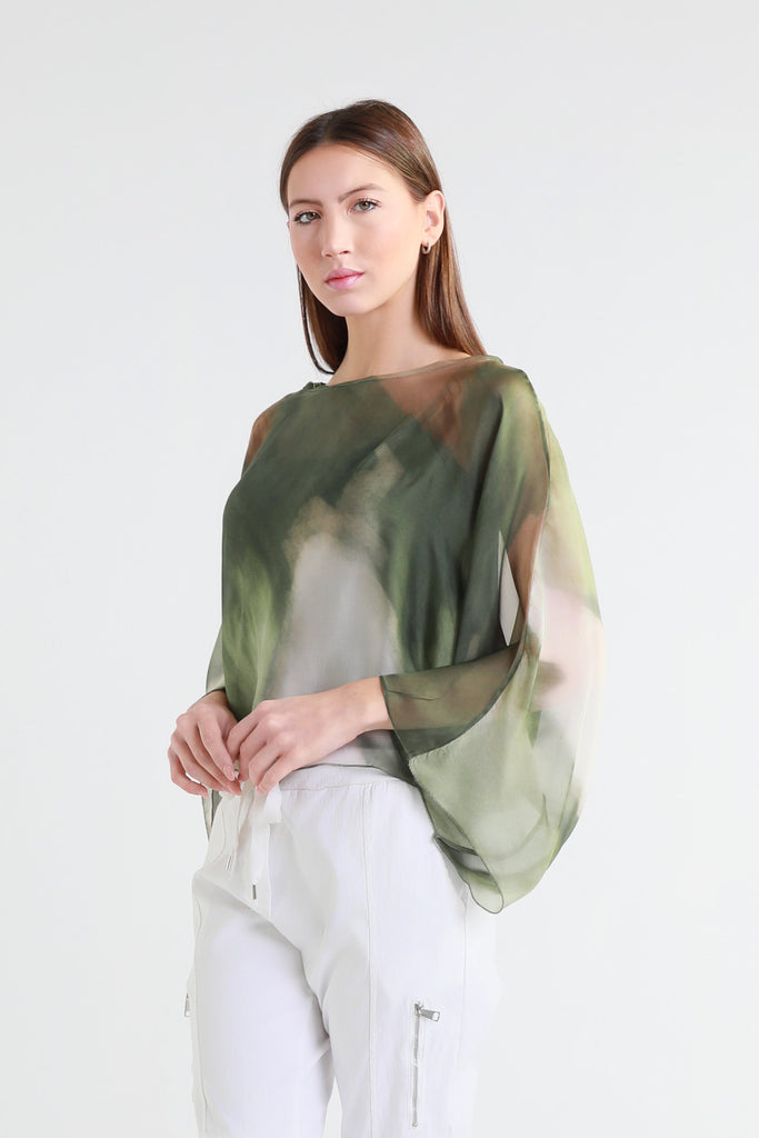 BQ200A 303 Army Abstract Sofita 3/4 Sleeve Cropped Silk Kaftan