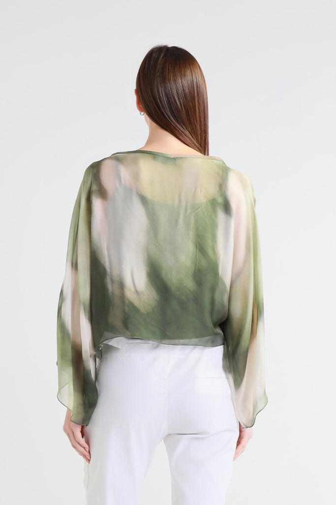 BQ200A 303 Army Abstract Sofita 3/4 Sleeve Cropped Silk Kaftan