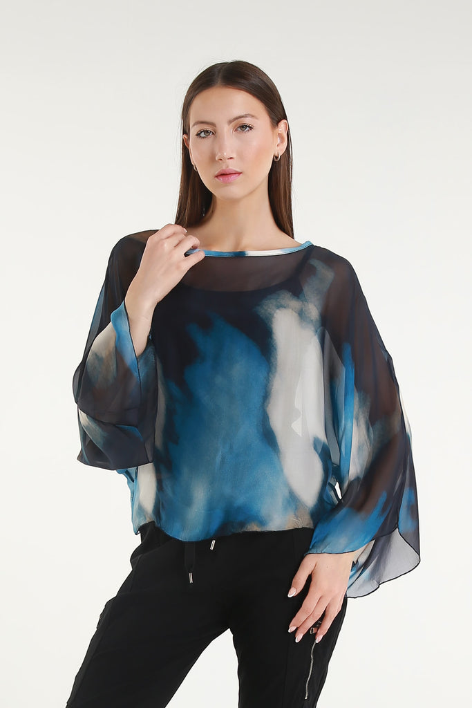 BQ200A 202 Espresso Abstract Sofita 3/4 Sleeve Cropped Silk Kaftan