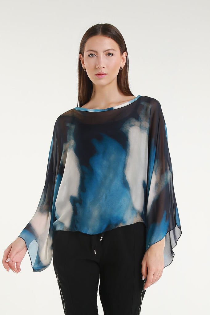 BQ200A 409 Navy Abstract Sofita 3/4 Sleeve Cropped Silk Kaftan