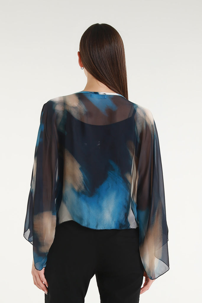 BQ200A 409 Navy Abstract Sofita 3/4 Sleeve Cropped Silk Kaftan