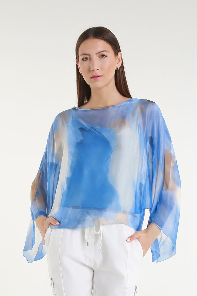 BQ200A 437 Periwinkle Abstract Sofita 3/4 Sleeve Cropped Silk Kaftan
