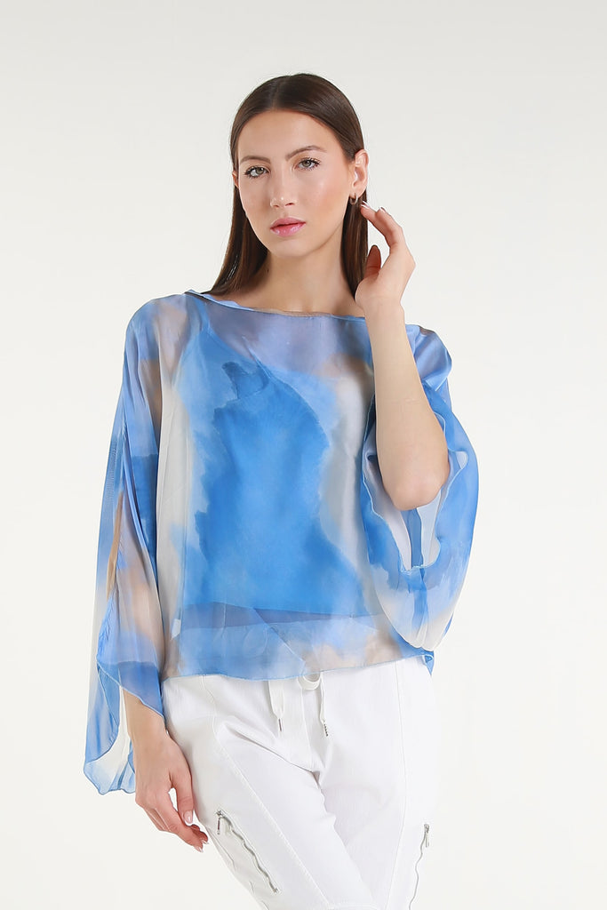 BQ200A 437 Periwinkle Abstract Sofita 3/4 Sleeve Cropped Silk Kaftan