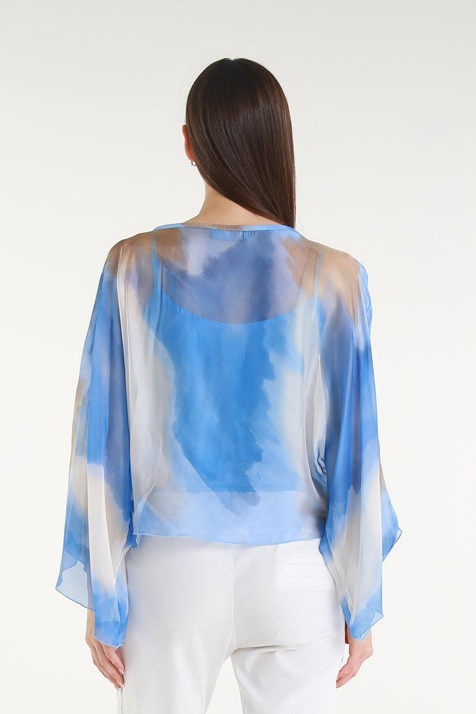 BQ200A 437 Periwinkle Abstract Sofita 3/4 Sleeve Cropped Silk Kaftan