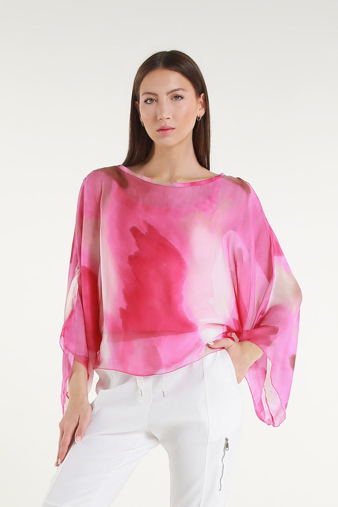 BQ200A 672 Fuchsia Abstract Sofita 3/4 Sleeve Cropped Silk Kaftan