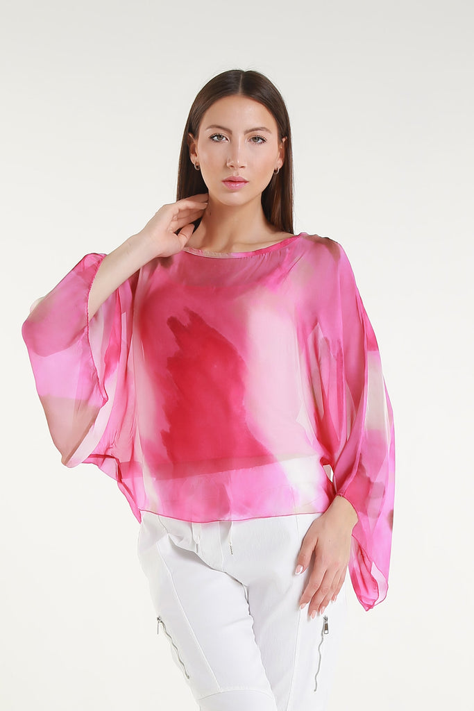 BQ200A 672 Fuchsia Abstract Sofita 3/4 Sleeve Cropped Silk Kaftan