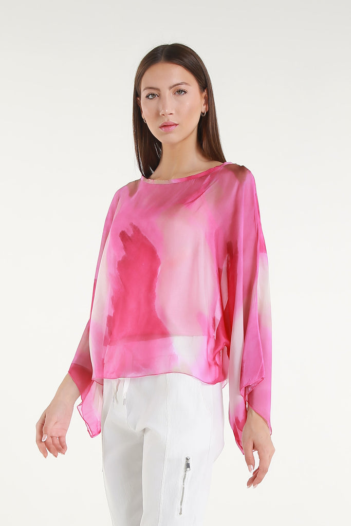 BQ200A 672 Fuchsia Abstract Sofita 3/4 Sleeve Cropped Silk Kaftan