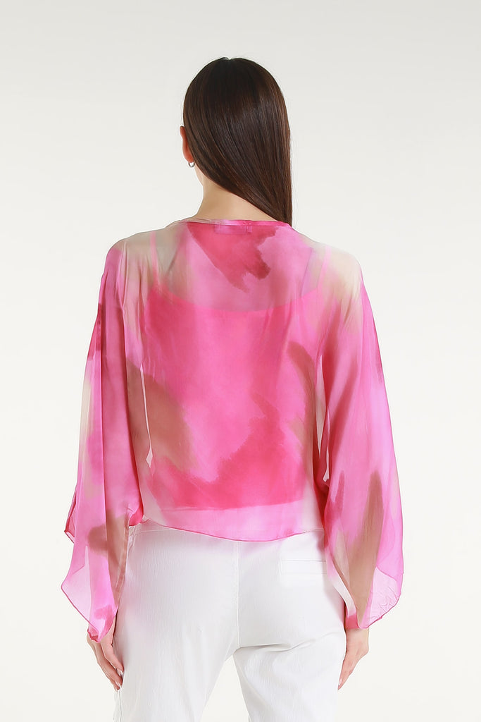 BQ200A 672 Fuchsia Abstract Sofita 3/4 Sleeve Cropped Silk Kaftan