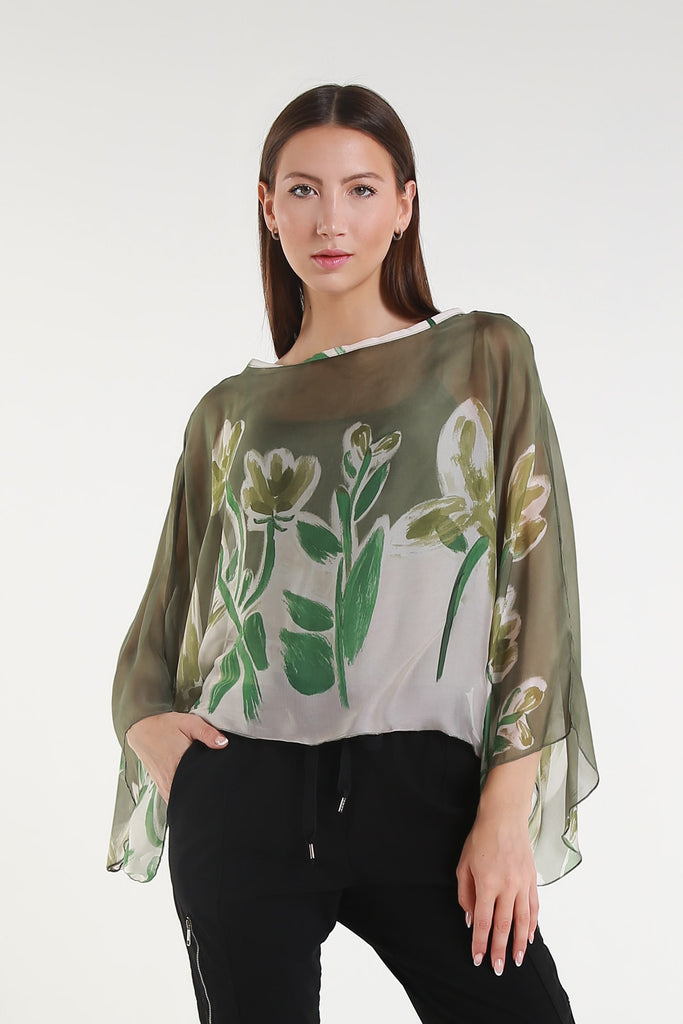 BQ200L 303 Army Flower Sofita 3/4 Sleeve Cropped Silk Kaftan
