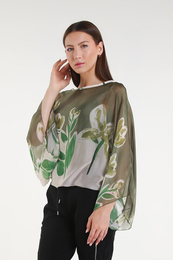 BQ200L 303 Army Flower Sofita 3/4 Sleeve Cropped Silk Kaftan