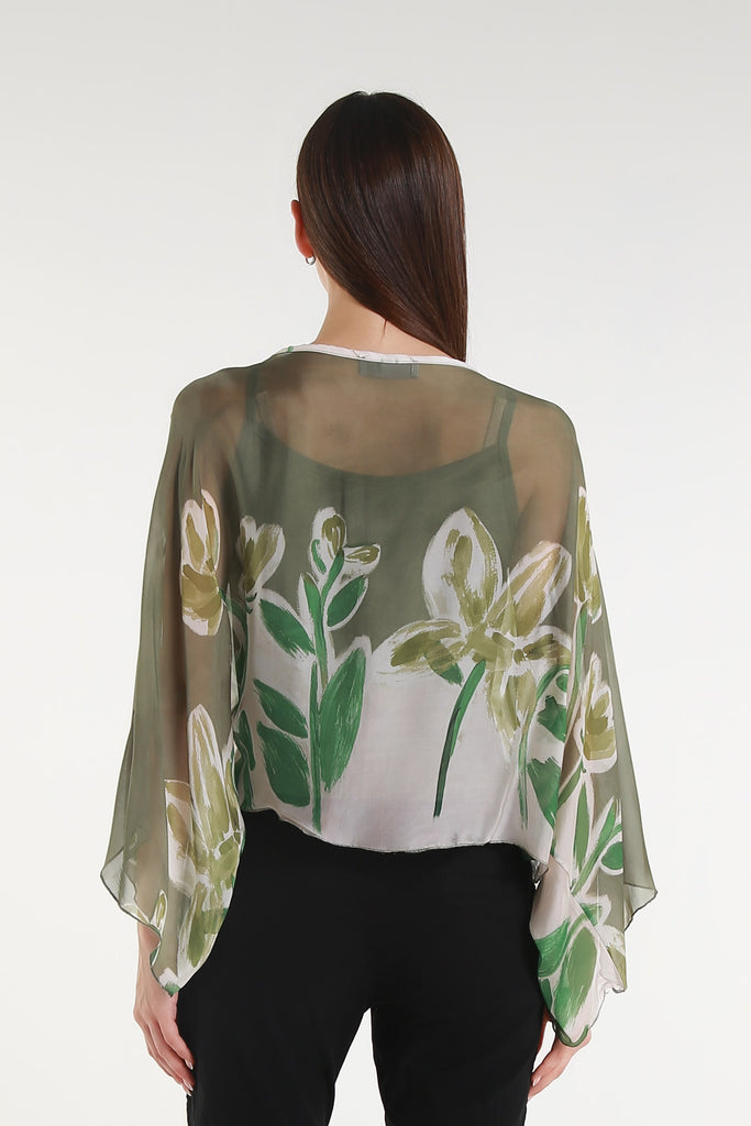 BQ200L 303 Army Flower Sofita 3/4 Sleeve Cropped Silk Kaftan