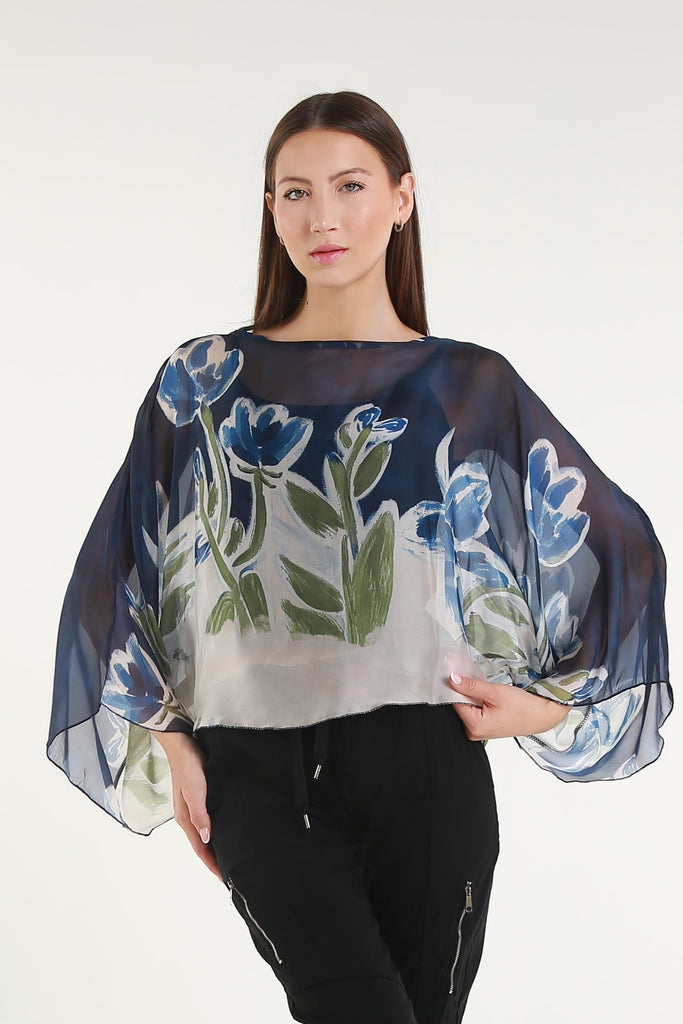 BQ200L 409 Navy Flower Sofita 3/4 Sleeve Cropped Silk Kaftan