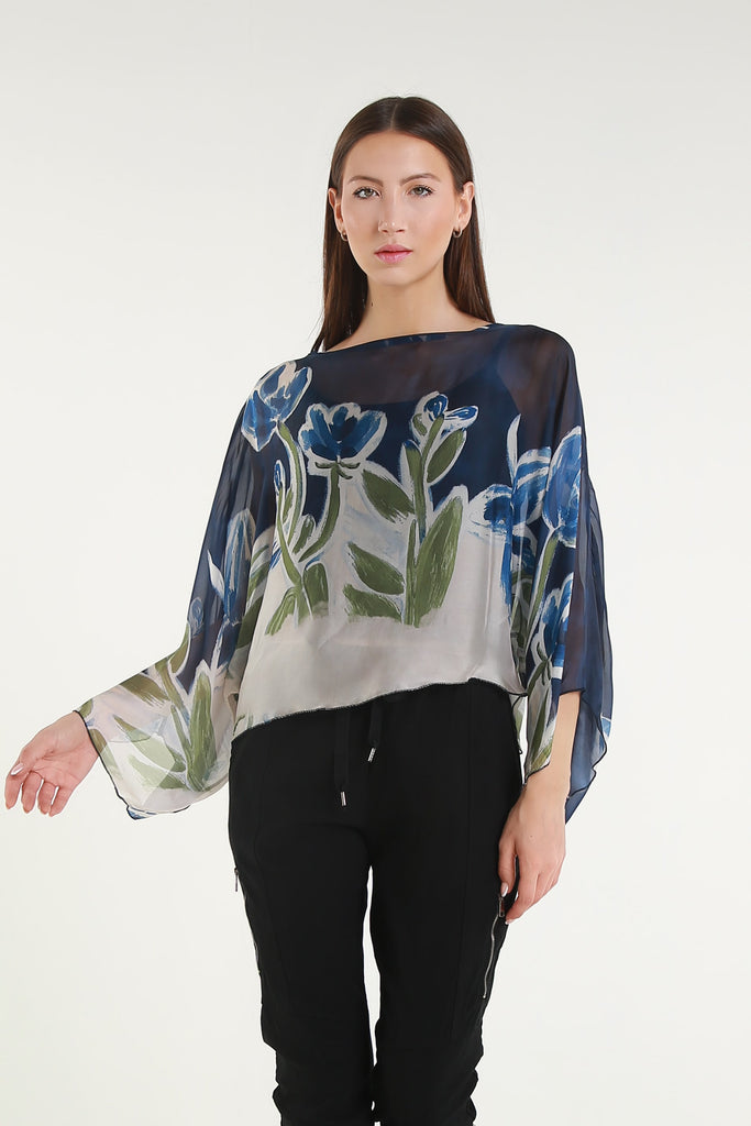 BQ200L 409 Navy Flower Sofita 3/4 Sleeve Cropped Silk Kaftan