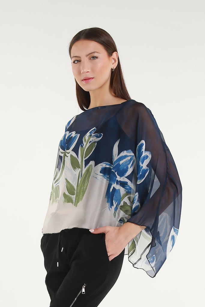 BQ200L 409 Navy Flower Sofita 3/4 Sleeve Cropped Silk Kaftan
